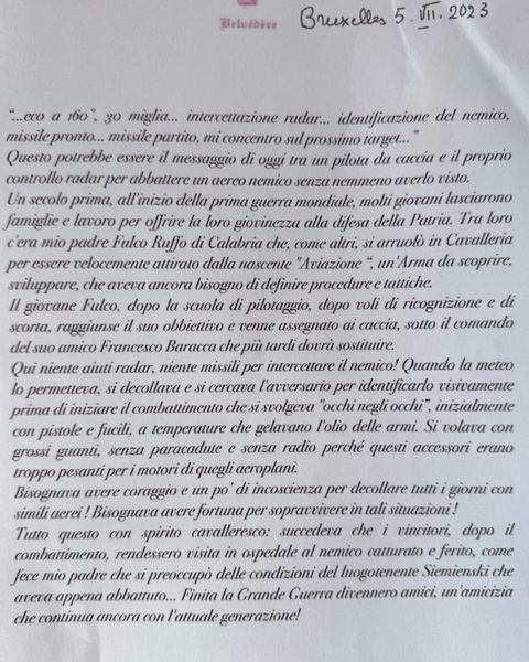 Lettera di Paola Ruffo di Calabria, Bruxelles, 5 luglio 2023, in ricordo del padre Fulco e dei piloti della Grande Guerra.