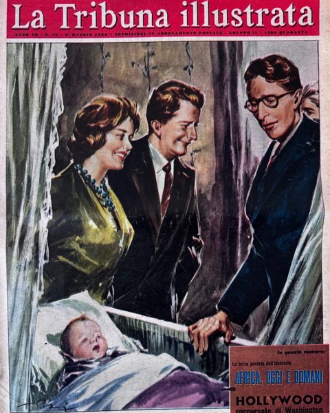 «La Tribuna Illustrata», 1° maggio 1960: la nascita del primo figlio di Paola e Alberto, Filippo, con re Baldovino. Disegno di Vittorio Pisani.