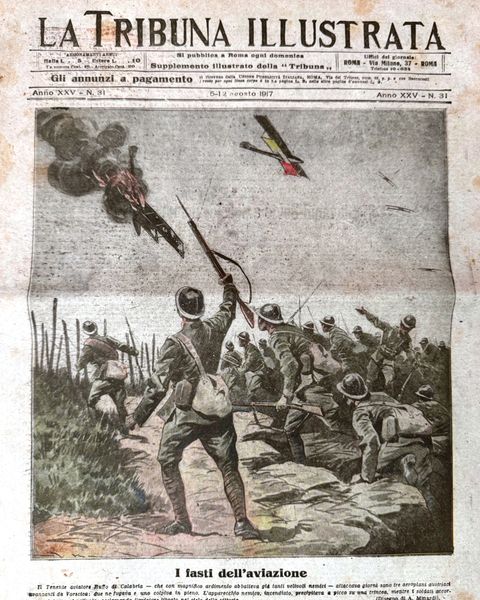 «La Tribuna Illustrata», 5–12 agosto 1917: «I fasti dell'aviazione», tavola di A. Minardi dedicata al tenente Ruffo di Calabria.